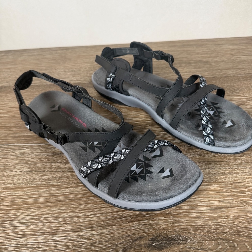 Skechers Sandal Womens 10 Reggae Slim Vacay Black Gray Strappy Memory Foam